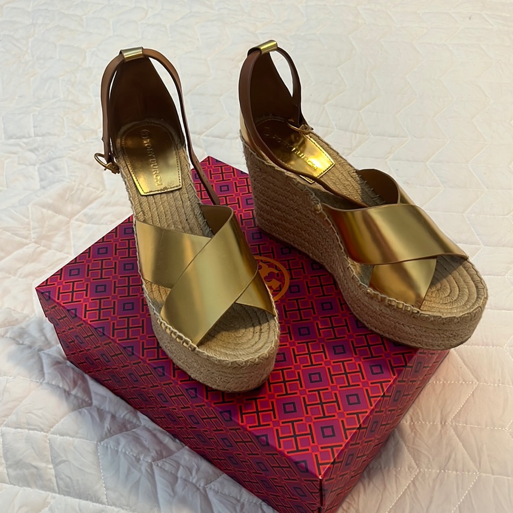 Gold Tory Burch wedge sandal